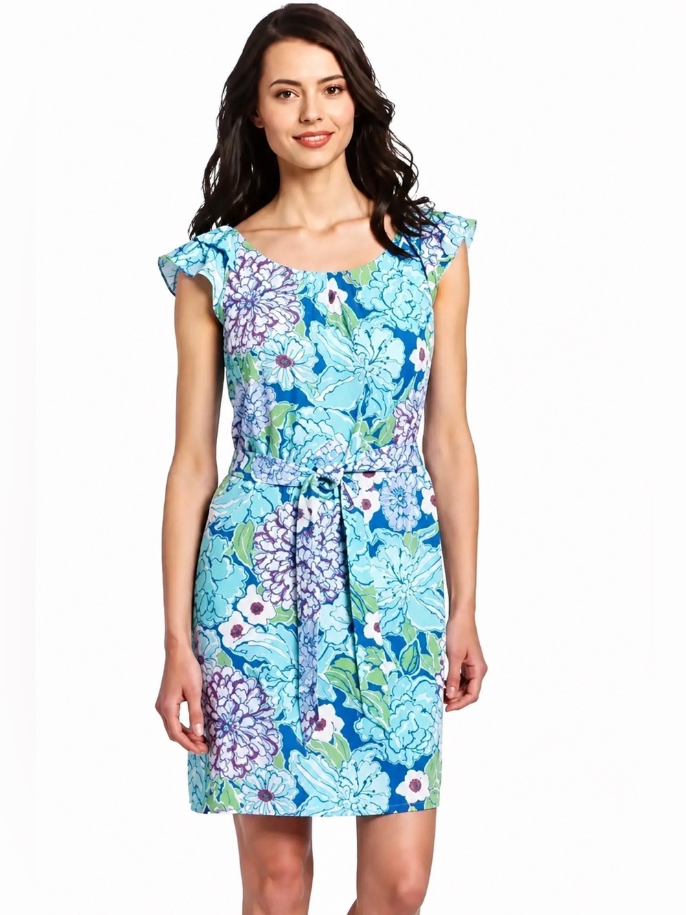 Lilly Pulitzer Blue Floral Cap Sleeve Belted Dress sz Medium Knee Length Preppy